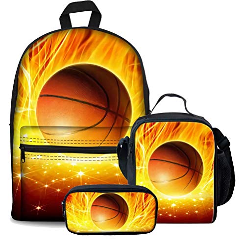 Damen Herren Rucksack Set Laptopfach Schultasche für Kind High School College Studenten mit Flamme Basketball Design Bleistifthalter 3 Stück Sets, Muster 2 (3 Stück), Einheitsgröße, Tagesrucksäcke von fifbird