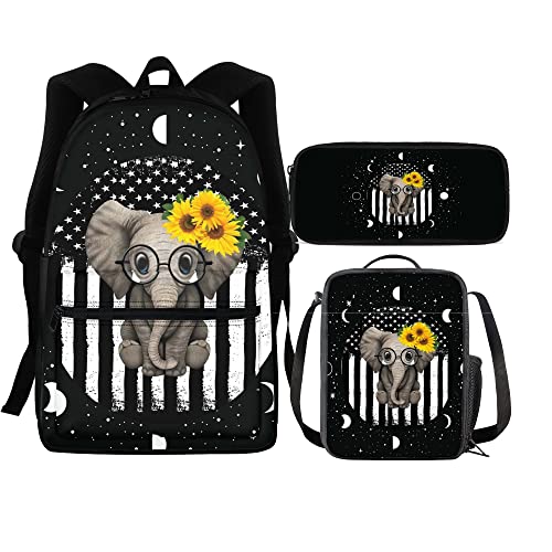 Entzückendes Panda-Rucksack-Set für Jungen und Mädchen, 3-teilig, inklusive Schul-Tagesrucksack, Lunchtasche, Federmäppchen, leicht, USA-Flagge Elepha, Einheitsgröße, Tagesrucksäcke von fifbird