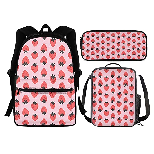 Entzückendes Panda-Rucksack-Set für Jungen und Mädchen, 3-teilig, inklusive Schul-Tagesrucksack, Lunchtasche, Federmäppchen, leicht, erdbeere, Einheitsgröße, Tagesrucksäcke von fifbird