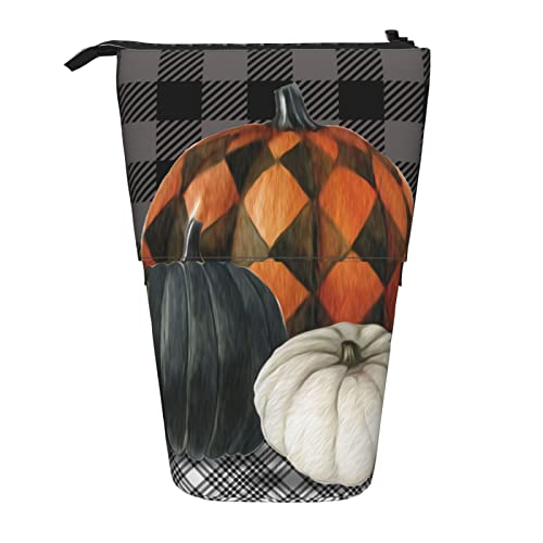 Federmäppchen Kürbis mit unterschiedlicher Textur Schwarz Grau Gitterhintergrund Herbst Ständer Bleistifthalter Tragbare Studenten Schreibwaren Fall Langlebig Make-up Tasche für Schule Mädchen, von fifbird