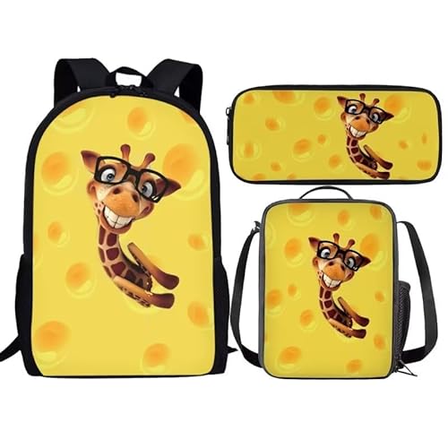 Giraffe Rucksack und Lunchbox Set für kleine Kinder, 3-teiliges Büchertaschen-Set für Grundschule, Mittelschule, Gelb von fifbird