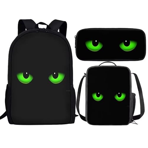 Grünes Katzenaugen-Rucksack-Set für Mädchen, 3-in-1-Rucksack und Lunchbox-Set für Grundschule von fifbird