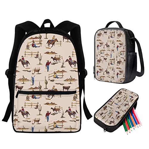 Katzenrucksäcke für Mädchen, Kinder, Laptop-Schultaschen-Set mit Lunchbox, Federmäppchen, 3-teiliges Set, Elementar-Büchertasche, Vorschulrucksäcke, Jungen, Schultasche, Cowboy, Einheitsgröße, von fifbird