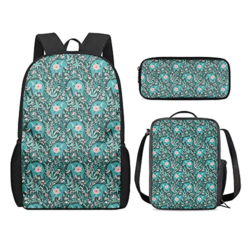 Klassischer Schulrucksack, 3-teiliges Set, Büchertasche, Lunch-Aufbewahrungstasche, Federmäppchen, Geschenk für Mädchen, Jungen, Kinder (Schildkröten-Design), Cartoons Elepha, Einheitsgröße, von fifbird