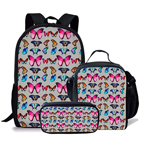 Mädchen-Rucksack-Set für Mittelschule, Schüler, blauer Schmetterlings-Druck, Schultasche, Büchertasche und Lunchbox mit Getränkehaltertasche und Federmäppchen, 3-teilig, grau, Einheitsgröße, von fifbird