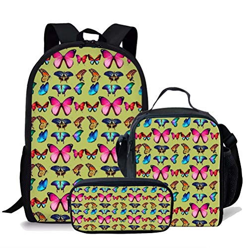 Mädchen-Rucksack-Set für Mittelschule, Schüler, blauer Schmetterlings-Druck, Schultasche, Büchertasche und Lunchbox mit Getränkehaltertasche und Federmäppchen, 3-teilig, grün, Einheitsgröße, von fifbird