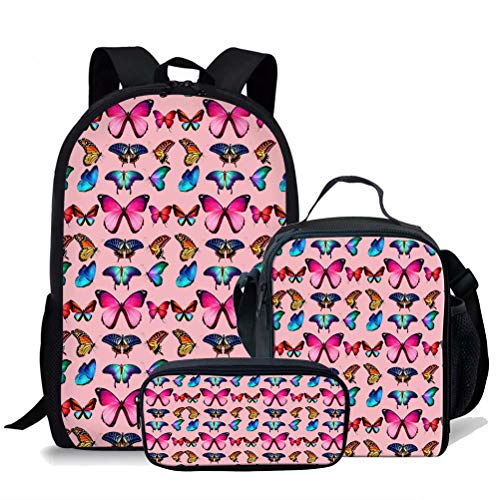 Mädchen-Rucksack-Set für Mittelschule, Schüler, blauer Schmetterlings-Druck, Schultasche, Büchertasche und Lunchbox mit Getränkehaltertasche und Federmäppchen, 3-teilig, rose, Einheitsgröße, von fifbird