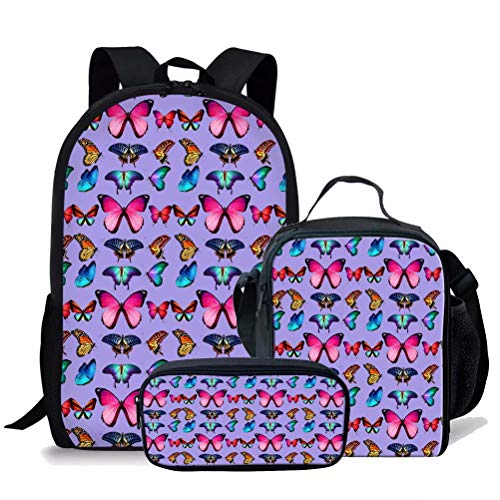 Mädchen-Rucksack-Set für Mittelschule, Schüler, blauer Schmetterlings-Druck, Schultasche, Büchertasche und Lunchbox mit Getränkehaltertasche und Federmäppchen, 3-teilig, violett, Einheitsgröße, von fifbird