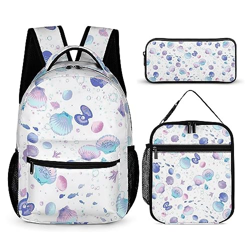 Marine Life Muschel-Rucksack-Set für Kinder, 3-teilig, Teenager, Jungen, Schultasche mit Thermo-Lunchboxen, Stifthalter, Tt-14, Einheitsgröße, Tagesrucksäcke von fifbird