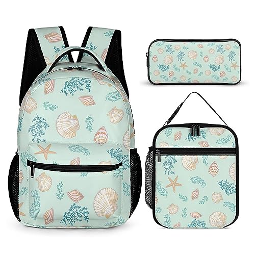 Marine Life Muschel-Rucksack-Set für Kinder, 3-teilig, Teenager, Jungen, Schultasche mit Thermo-Lunchboxen, Stifthalter, Tt-21, Einheitsgröße, Tagesrucksäcke von fifbird