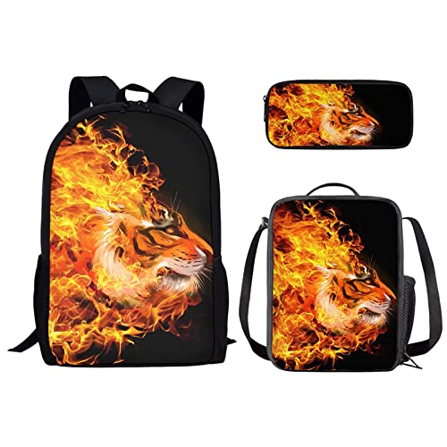 Pferde-Schultaschen für Mädchen und Jungen, Tier-Schultasche, Federmäppchen und Lunchbox, 3-teiliges Schulrucksack-Set, Fire Tiger, Einheitsgröße, Tagesrucksäcke von fifbird