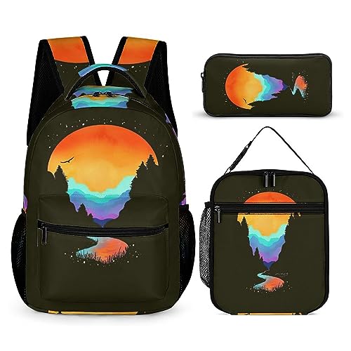 Rucksack-Set für Kinder, Ölgemälde-Stil, 3-teilig, Teenager, Jungen, Schultasche mit Thermo-Lunchboxen, Stifthalter, Tt-20, Einheitsgröße, Tagesrucksäcke von fifbird