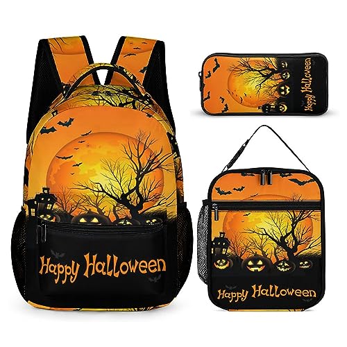 Rucksack-Set im Halloween-Stil für Kinder, 3-teilig, Teenager, Jungen, Schultasche mit Thermo-Lunchboxen, Stifthalter, Tt-2, Einheitsgröße, Tagesrucksäcke von fifbird