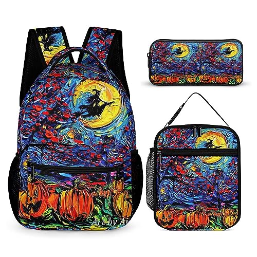 Rucksack-Set im Halloween-Stil für Kinder, 3-teilig, Teenager, Jungen, Schultasche mit Thermo-Lunchboxen, Stifthalter, Tt-5, Einheitsgröße, Tagesrucksäcke von fifbird