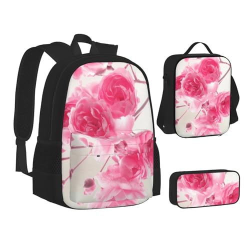 Rucksack für Kinder, Jungen, Mädchen, strapazierfähiges Polyester, Schultasche, Büchertasche mit Lunchtasche und Federmäppchen (3-in-1-Rucksack-Set), cooler Musik-Sound, Rosa Blumen, Einheitsgröße, von fifbird