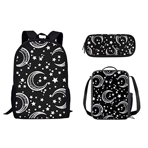 Schüler-Schulrucksack für Damen und Herren, Reise-Büchertaschen mit Lunch-Tasche und Stiftebox, Organizer für Mädchen, Jungen, Kinder, Rucksack für Mittelschule, Diebstahl, Black Star Moon, von fifbird