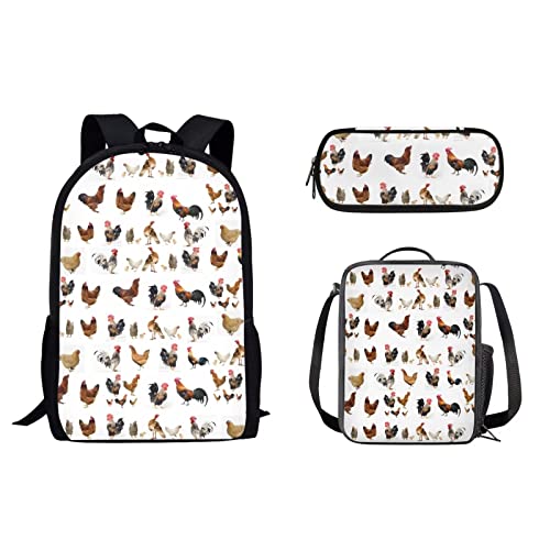 Schüler-Schulrucksack für Damen und Herren, Reise-Büchertaschen mit Lunch-Tasche und Stiftebox, Organizer für Mädchen, Jungen, Kinder, Rucksack für Mittelschule, Diebstahl, Huhn Hahn, Einheitsgröße, von fifbird