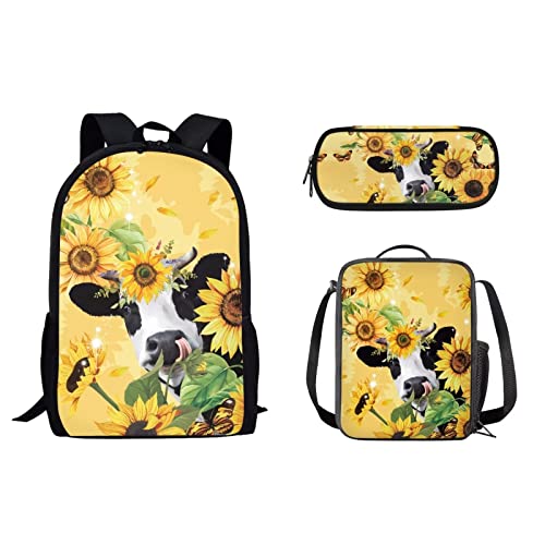 Schüler-Schulrucksack für Damen und Herren, Reise-Büchertaschen mit Lunch-Tasche und Stiftebox, Organizer für Mädchen, Jungen, Kinder, Rucksack für Mittelschule, Diebstahl, Kuh Sonnenblume, von fifbird