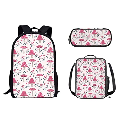 Schüler-Schulrucksack für Damen und Herren, Reise-Büchertaschen mit Lunch-Tasche und Stiftebox, Organizer für Mädchen, Jungen, Kinder, Rucksack für Mittelschule, Diebstahl, Rosa Pilze, Einheitsgröße, von fifbird