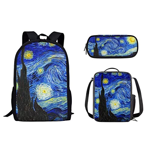 Schüler-Schulrucksack für Damen und Herren, Reise-Büchertaschen mit Lunch-Tasche und Stiftebox, Organizer für Mädchen, Jungen, Kinder, Rucksack für Mittelschule, Diebstahl, Van Gogh Starry, von fifbird