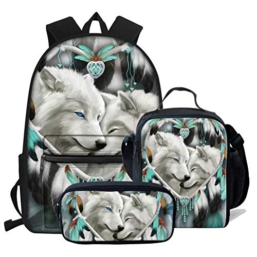 Schulrucksack-Set, Motiv: Wolf, Federmäppchen, Stiftehalter für Jungen, große Büchertaschen, Herren, lässiger Laptop-Rucksack, Geschenk, 3-teiliges Set, 3 x Wolf-Stil, Einheitsgröße, Tagesrucksäcke von fifbird