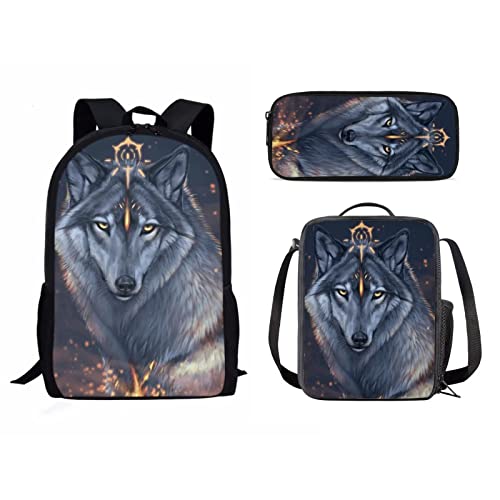 Schulrucksack-Set, Reiserucksack für Mädchen, Jungen, Kinder, Schulbüchertasche für Damen, Lunchbox, Federmäppchen, 3 Stück, Fierce Wolf, Einheitsgröße, Tagesrucksäcke von fifbird