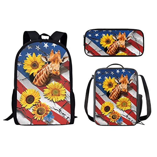 Schulrucksack-Set, Reiserucksack für Mädchen, Jungen, Kinder, Schulbüchertasche für Damen, Lunchbox, Federmäppchen, 3 Stück, Giraffe Sunflow, Einheitsgröße, Tagesrucksäcke von fifbird