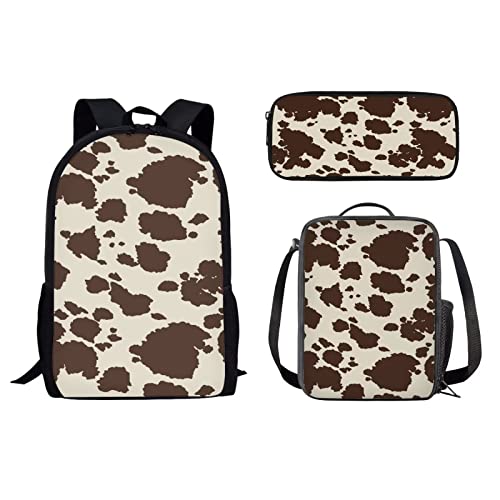 Schulrucksack-Set, Reiserucksack für Mädchen, Jungen, Kinder, Schulbüchertasche für Damen, Lunchbox, Federmäppchen, 3 Stück, Kuhfell-Aufdruck, Einheitsgröße, Tagesrucksäcke von fifbird