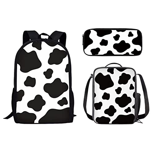 Schulrucksack-Set, Reiserucksack für Mädchen, Jungen, Kinder, Schulbüchertasche für Damen, Lunchbox, Federmäppchen, 3 Stück, Kuhmuster, Einheitsgröße, Tagesrucksäcke von fifbird