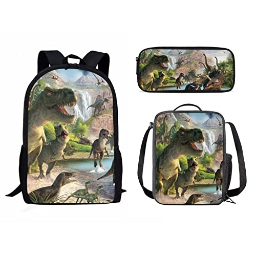 Schulrucksack-Set, Reiserucksack für Mädchen, Jungen, Kinder, Schulbüchertasche für Damen, Lunchbox, Federmäppchen, 3 Stück, Niedliche Multisaurier, Einheitsgröße, Tagesrucksäcke von fifbird