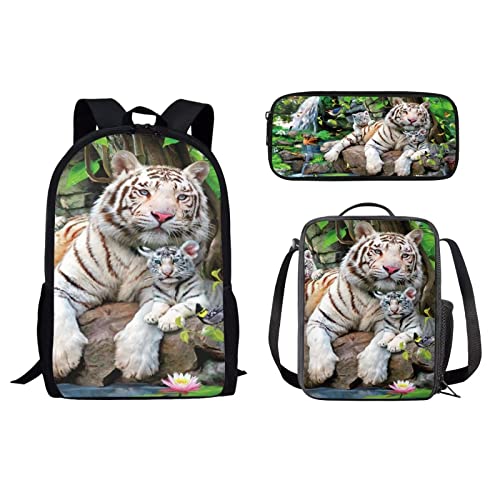 Schulrucksack-Set, Reiserucksack für Mädchen, Jungen, Kinder, Schulbüchertasche für Damen, Lunchbox, Federmäppchen, 3 Stück, Niedlicher Tiger, Einheitsgröße, Tagesrucksäcke von fifbird