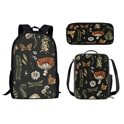 Schulrucksack-Set, Reiserucksack für Mädchen, Jungen, Kinder, Schulbüchertasche für Damen, Lunchbox, Federmäppchen, 3 Stück, Pilzblatt F, Einheitsgröße, Tagesrucksäcke von fifbird