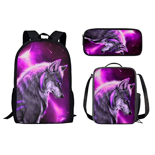 Schulrucksack-Set, Reiserucksack für Mädchen, Jungen, Kinder, Schulbüchertasche für Damen, Lunchbox, Federmäppchen, 3 Stück, Wolf Purple Lig, Einheitsgröße, Tagesrucksäcke von fifbird