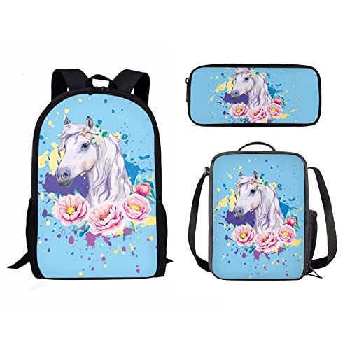 Schulrucksack-Set für Mädchen und Jungen, 3-teilig, Kinder-Reiserucksack, Büchertasche, Lunchbox für Damen, Herren, Erwachsene, Federmäppchen, Umhängetasche, Aquarell Hors, Einheitsgröße, von fifbird