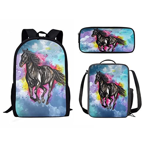 Schulrucksack-Set für Mädchen und Jungen, 3-teilig, Kinder-Reiserucksack, Büchertasche, Lunchbox für Damen, Herren, Erwachsene, Federmäppchen, Umhängetasche, Aquarell Hors, Einheitsgröße, von fifbird