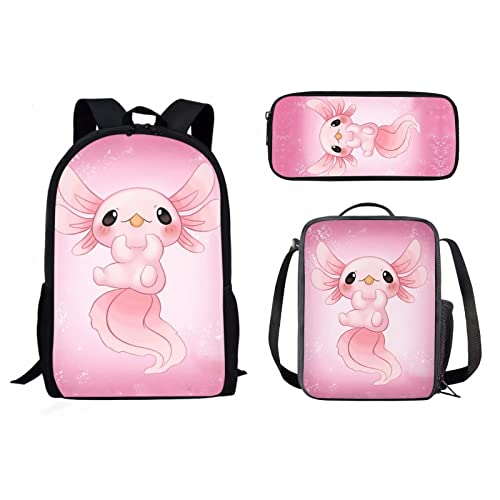 Schulrucksack-Set für Mädchen und Jungen, 3-teilig, Kinder-Reiserucksack, Büchertasche, Lunchbox für Damen, Herren, Erwachsene, Federmäppchen, Umhängetasche, Axolotl, Einheitsgröße, Tagesrucksäcke von fifbird