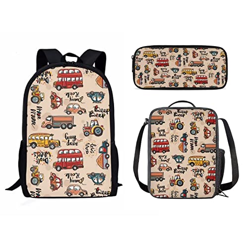 Schulrucksack-Set für Mädchen und Jungen, 3-teilig, Kinder-Reiserucksack, Büchertasche, Lunchbox für Damen, Herren, Erwachsene, Federmäppchen, Umhängetasche, Cartoon-Autos, Einheitsgröße, von fifbird