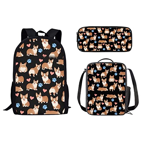 Schulrucksack-Set für Mädchen und Jungen, 3-teilig, Kinder-Reiserucksack, Büchertasche, Lunchbox für Damen, Herren, Erwachsene, Federmäppchen, Umhängetasche, Cute Corgi Love, Einheitsgröße, von fifbird