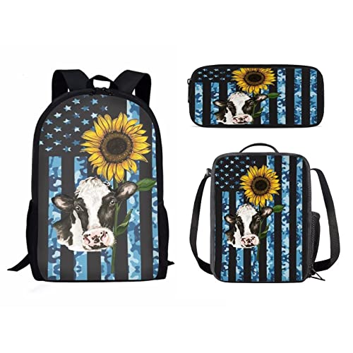 Schulrucksack-Set für Mädchen und Jungen, 3-teilig, Kinder-Reiserucksack, Büchertasche, Lunchbox für Damen, Herren, Erwachsene, Federmäppchen, Umhängetasche, Kuh Sonnenblume B, Einheitsgröße, von fifbird