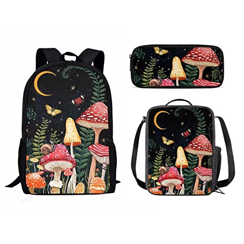 Schulrucksack-Set für Mädchen und Jungen, 3-teilig, Kinder-Reiserucksack, Büchertasche, Lunchbox für Damen, Herren, Erwachsene, Federmäppchen, Umhängetasche, mushroom, Einheitsgröße, Tagesrucksäcke von fifbird