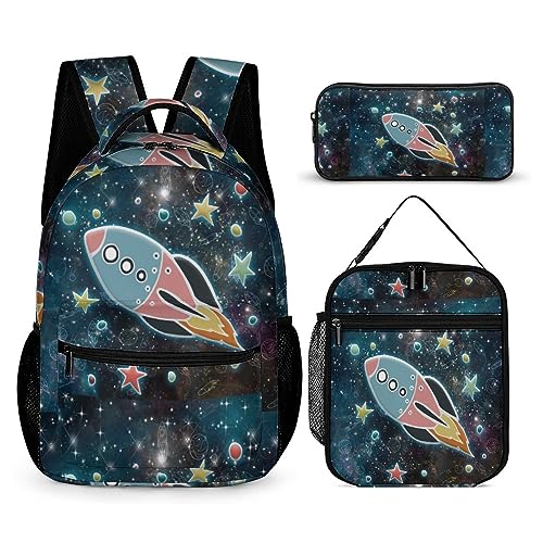 Schulrucksack für Kinder, Federmäppchen, Schultertaschen, Jugendkosmos und Raketen, modisch, praktische Büchertasche, geeignet für 3 Stück, Tt-3, Einheitsgröße, Tagesrucksäcke von fifbird