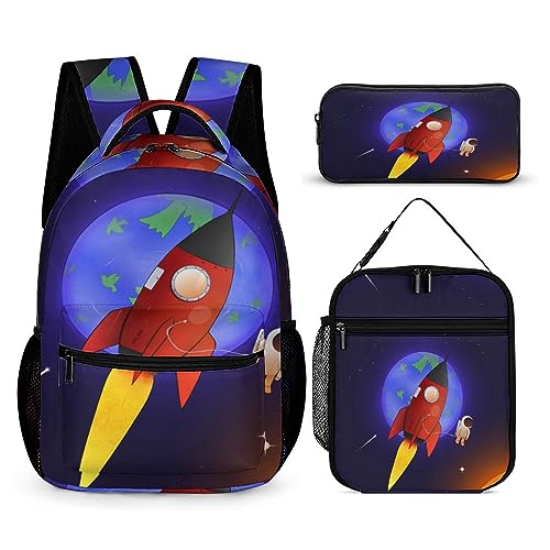 Schulrucksack für Kinder, Federmäppchen, Schultertaschen, Jugendkosmos und Raketen, modisch, praktische Büchertasche, geeignet für 3 Stück, Tt-9, Einheitsgröße, Tagesrucksäcke von fifbird