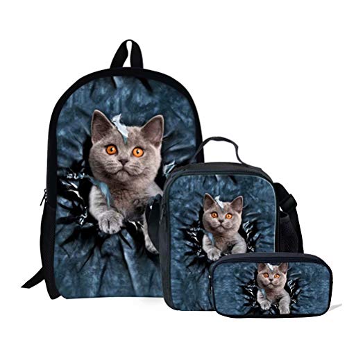 Schultaschen-Set für Mädchen, Tierpferd-Druck, 3-teilig, Kinder-Büchertasche, Schulrucksack, Handtasche, Geldbörse, leicht, große Büchertaschen, Animal Cat-2 (3p, Einheitsgröße, Tagesrucksäcke von fifbird