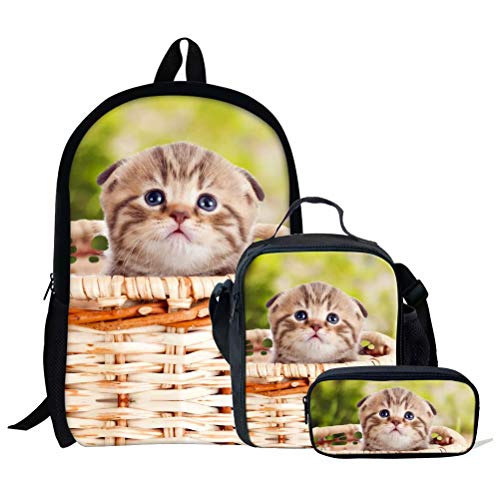 Schultaschen-Set für Mädchen, Tierpferd-Druck, 3-teilig, Kinder-Büchertasche, Schulrucksack, Handtasche, Geldbörse, leicht, große Büchertaschen, Lovely Cat -1 (3, Einheitsgröße, Tagesrucksäcke von fifbird