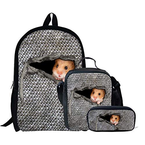 Schultaschen-Set für Mädchen, Tierpferd-Druck, 3-teilig, Kinder-Büchertasche, Schulrucksack, Handtasche, Geldbörse, leicht, große Büchertaschen, Lustiger Hamster (3, Einheitsgröße, Tagesrucksäcke von fifbird