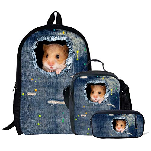 Schultaschen-Set für Mädchen, Tierpferd-Druck, 3-teilig, Kinder-Büchertasche, Schulrucksack, Handtasche, Geldbörse, leicht, große Büchertaschen, Niedlicher Hamster (3 Stück, Einheitsgröße, von fifbird