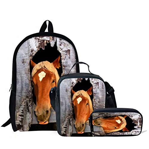 Schultaschen-Set für Mädchen, Tierpferd-Druck, 3-teilig, Kinder-Büchertasche, Schulrucksack, Handtasche, Geldbörse, leicht, große Büchertaschen, Pferd -3 (3 Stück/S, Einheitsgröße, Tagesrucksäcke von fifbird