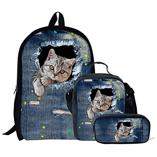 Schultaschen-Set für Mädchen, Tierpferd-Druck, 3-teilig, Kinder-Büchertasche, Schulrucksack, Handtasche, Geldbörse, leicht, große Büchertaschen, Tier-Katze, 7 (3p, Einheitsgröße, Tagesrucksäcke von fifbird