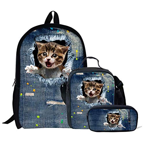 Schultaschen-Set für Mädchen, Tierpferd-Druck, 3-teilig, Kinder-Büchertasche, Schulrucksack, Handtasche, Geldbörse, leicht, große Büchertaschen, Tier-Katze, 8 (3p, Einheitsgröße, Tagesrucksäcke von fifbird