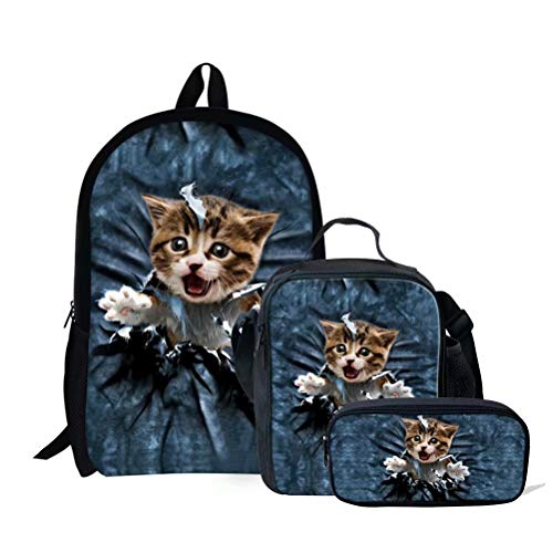 fifbird Schultaschen-Set für Mädchen, Tierpferd-Druck, 3-teilig, Kinder-Büchertasche, Schulrucksack, Handtasche, Geldbörse, leicht, große Büchertaschen, Tier-Katze-1 (3p, Einheitsgröße, Tagesrucksäcke, BAG3SET von fifbird